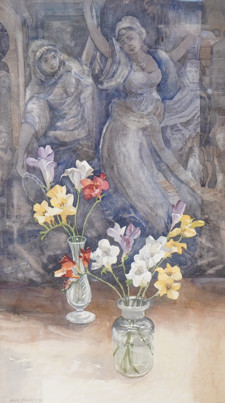 David Henley (b.1949), Still life of flowers in vases with classical figures beyond, signed and dated, 1997, watercolour, 66 x 38cm